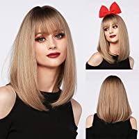 Pelucas para Mujeres Largas- Café claro 14 pulgadas Pelucas con Flequillo Sintéticas de Aspecto Natural- Recta Postizos…